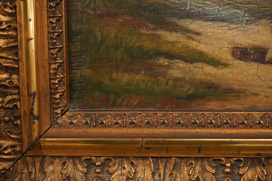 19th century, Dutch School, Coastal view with figures, indistinctly signed lower left, oil on panel, 14.5 x 29cm